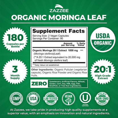 Zazzee USDA Organic Moringa Leaf 20:1 Extract, 180 Vegan Capsules, 3 Month Supply, Certified Kosher, Moringa Oleifera, Antioxidant, Immune & Cellular Support Zazzee