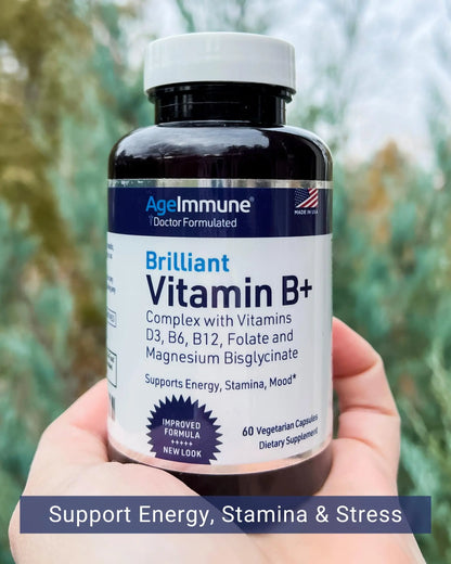 AgeImmune Vitamin B Complex with Vitamin D3 B12 B6 Magnesium Bisglycinate and Folate as Methylfolate - Doctor Formulated Methylated B Complex Supplement AgeImmune