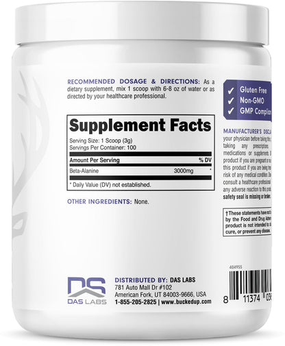 Bucked Up Beta Alanine 300mg Powder, Non-GMO, Gluten-Free, Unflavored (100 Servings)