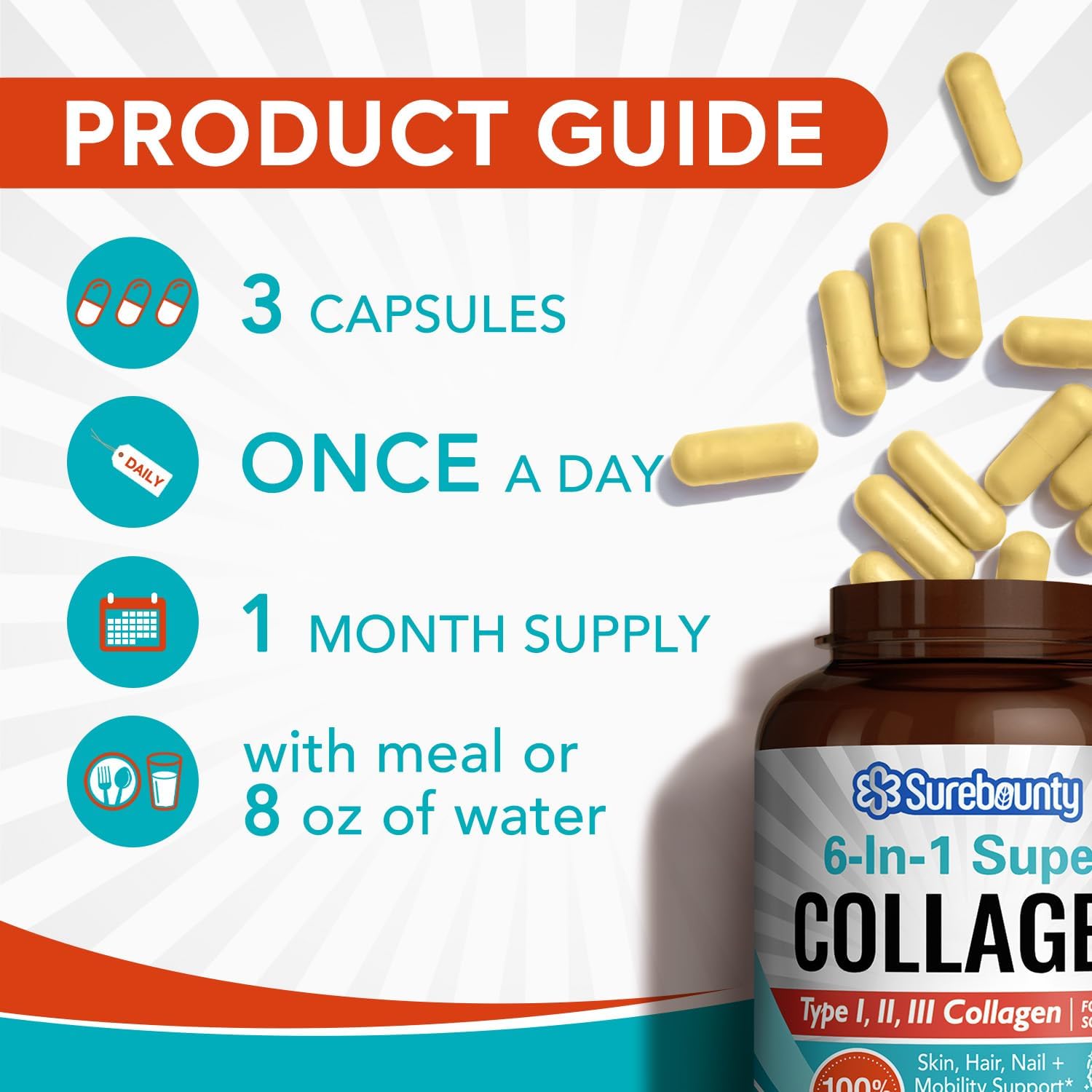 Surebounty Multi Collagen Complex, Type I, II, III, 6-in-1 Super Collagen with Vitamin C, Hyaluronic Acid, Biotin, Turmeric, Black Pepper, Keto, 90 Capsules Surebounty buy australia supplements