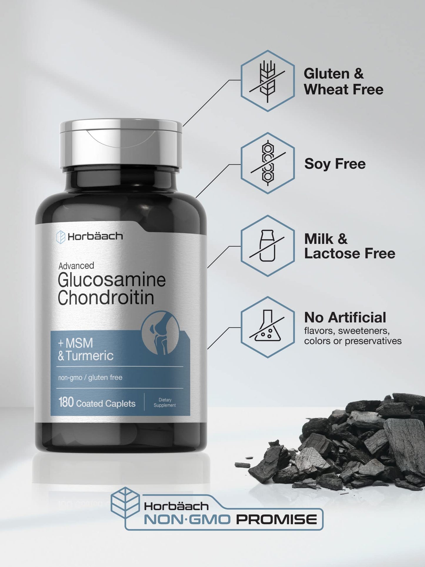 Horbäach Glucosamine Chondroitin | Plus MSM & Turmeric | 180 Coated Caplets | Non-GMO, Gluten Free Supplement Horbäach