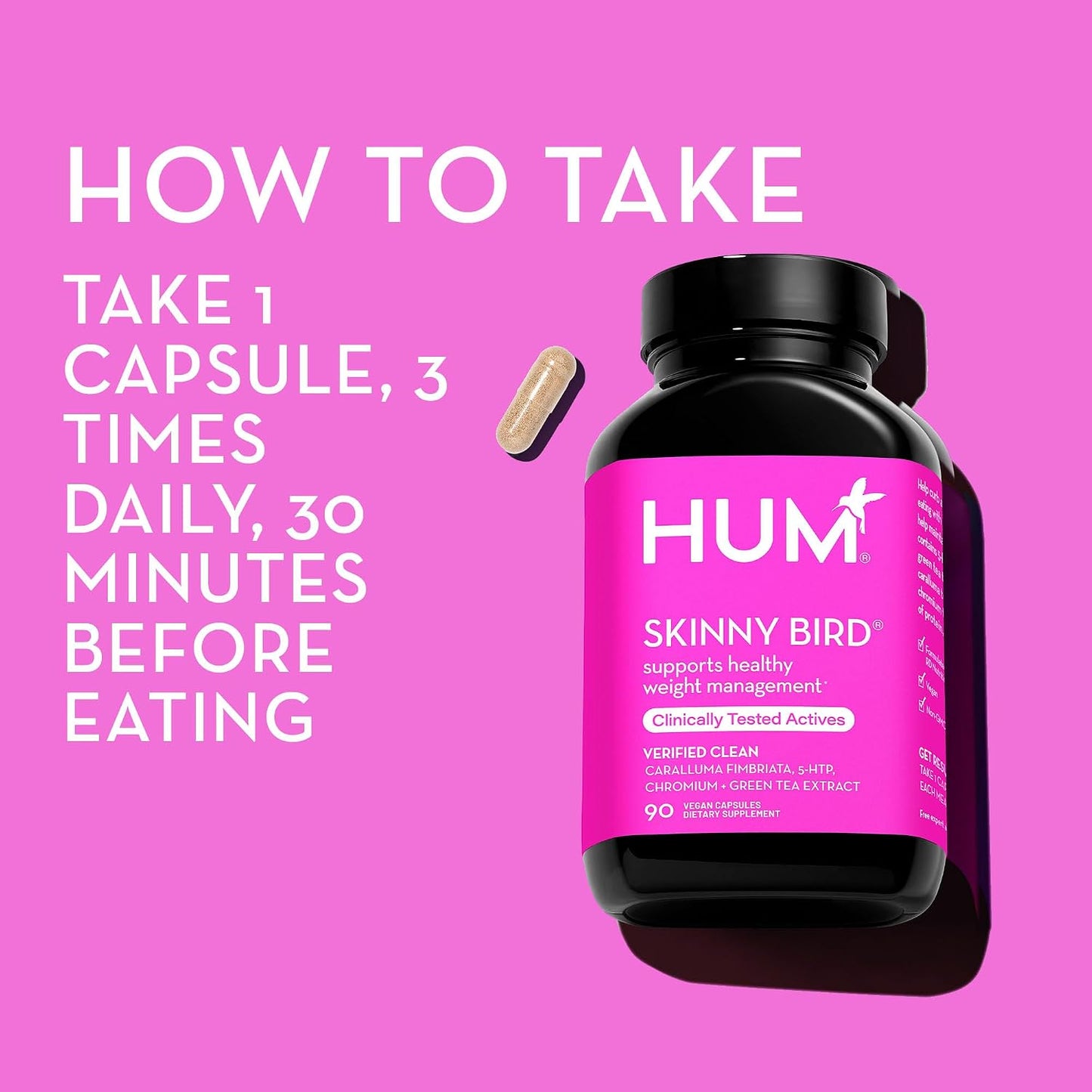 HUM Skinny Bird Green Tea Extract Appetite Support for Women with 5HTP, Chromium, Caralluma Fimbriata, Gluten Free and Vegan, Green Tea Extract Capsules Supplements for Women, 90 Capsules