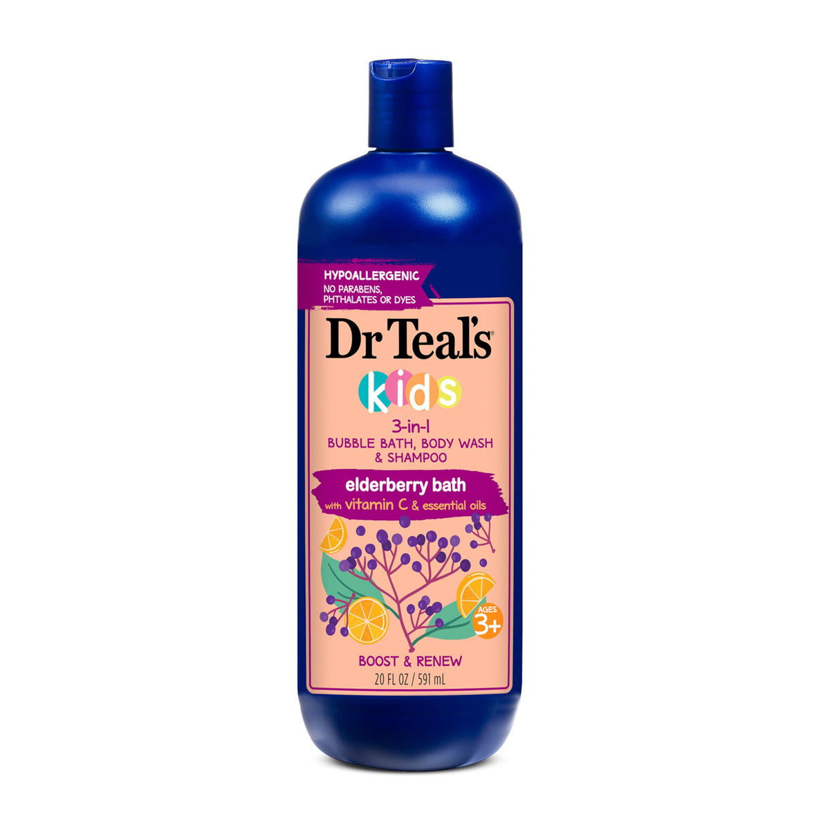 Dr Teal's Kids 3-in-1 Elderberry Bath: Bubble Bath, Body Wash & Shampoo, 20 fl oz Dr Teal's