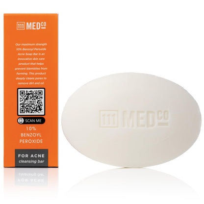 111MedCo 10% Benzoyl Peroxide Acne Treatment Cleansing Bar, Maximum Strength Medicated Face & Body Soap‑Free Bar 111MedCo