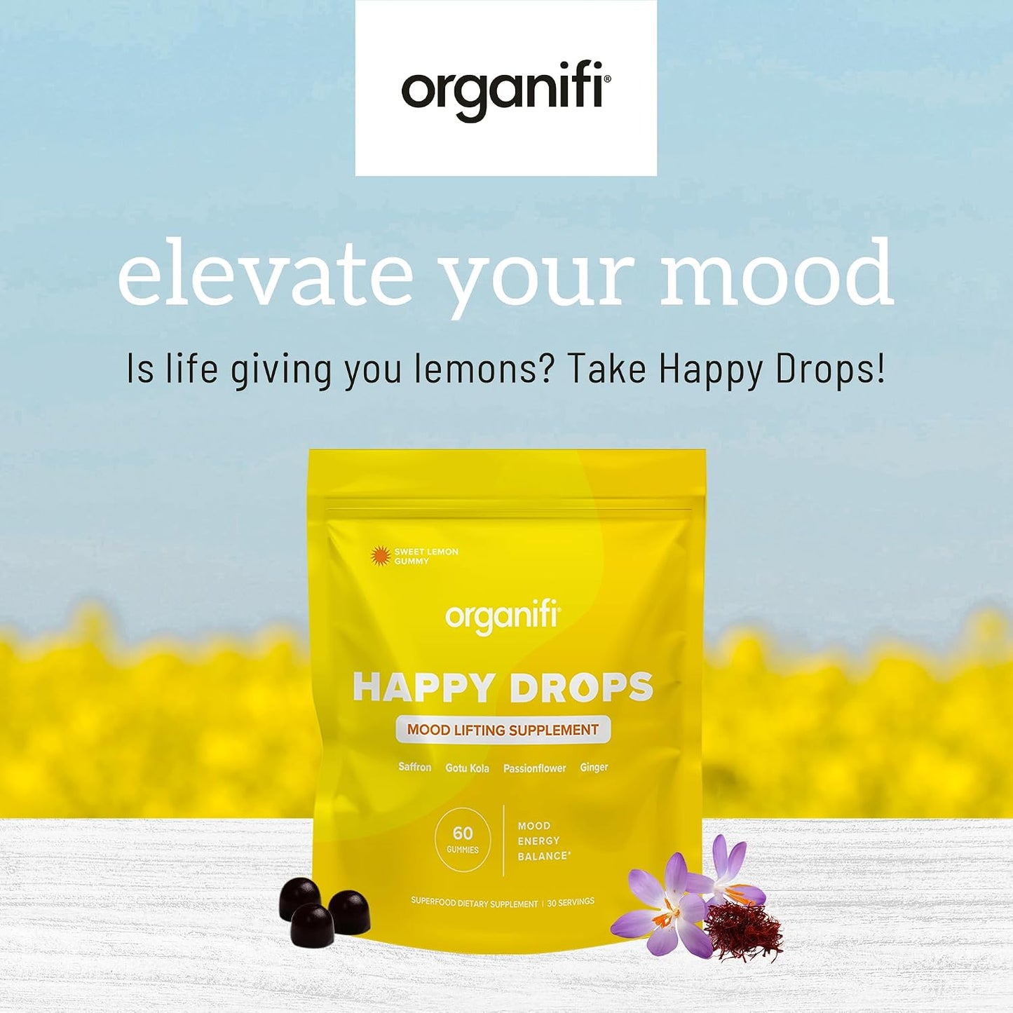 Organifi Happy Drops - Daily Superfood Happy Gummies for Adults - Mood Support Supplement for Balance, Bliss, Energy and Taking the Edge Off - Sweet Lemon Flavor - 60 Gummies Gsupps Australia