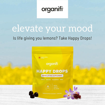 Organifi Happy Drops - Daily Superfood Happy Gummies for Adults - Mood Support Supplement for Balance, Bliss, Energy and Taking the Edge Off - Sweet Lemon Flavor - 60 Gummies Gsupps Australia