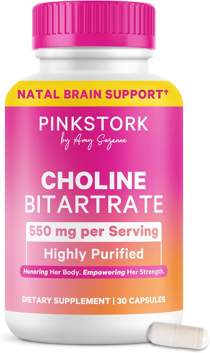Pink Stork Choline Bitartrate from VitaCholine, 550 mg, 30 Count | Prenatal Vitamin for Pregnancy + Postpartum Moms, Fetal Cognitive Health + Breast Milk Quality, Maternal Cognition + Clarity