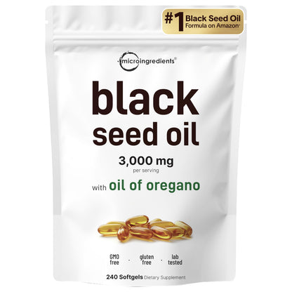 Micro Ingredients Black Seed Oil Softgels, 3,000mg, 240 Count | 2-in-1 Formula with Oil of Oregano, Carvacrol & Thymoquinone | Micro Ingredients