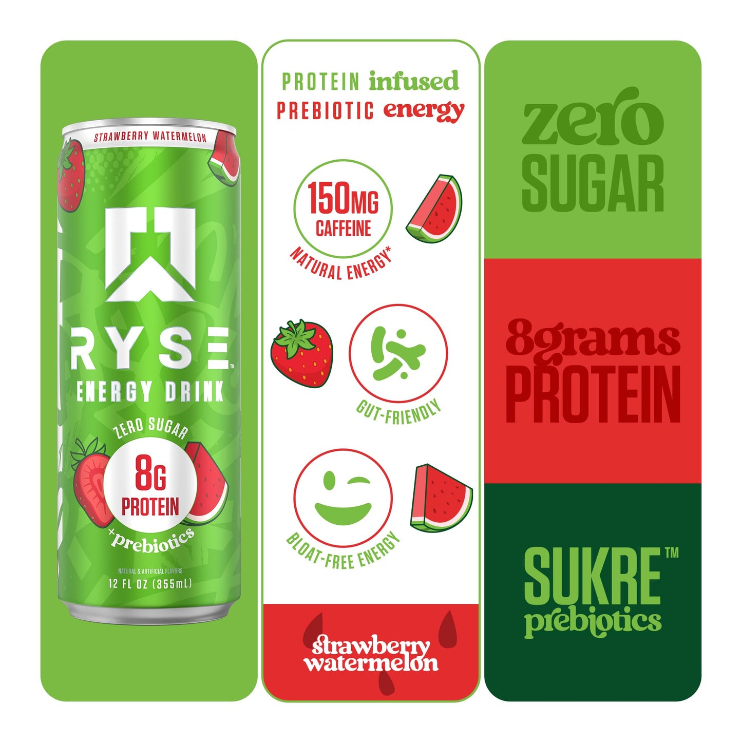 RYSE Functional Energy Drink - 5 Flavors Variety Pack - 150mg Natural Caffeine, 8g Whey Protein & 1g Prebiotics - Sugar Free, Gut-Friendly, Bloat-Free - 12 fl oz Cans (12-Pack)