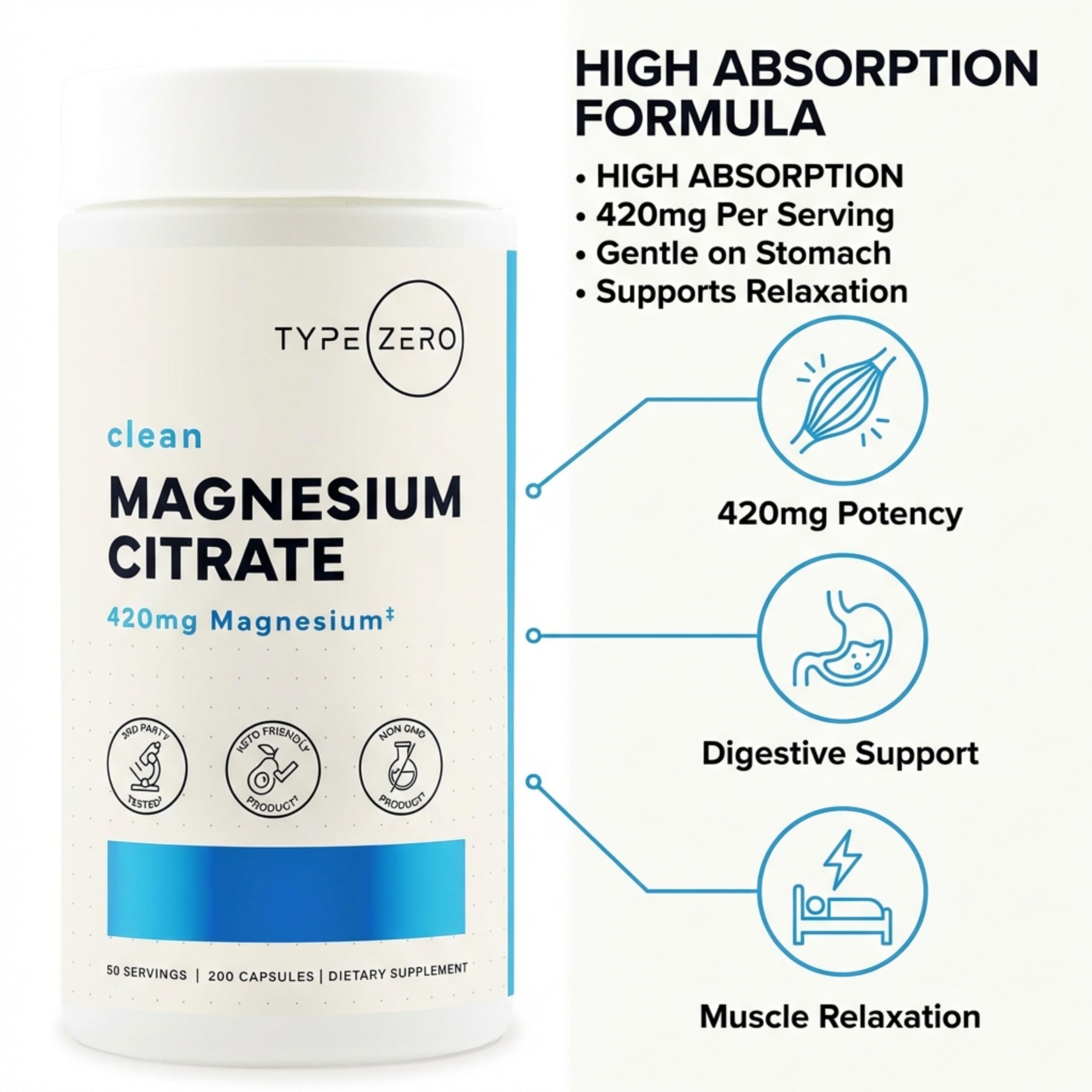 Type Zero Clean Magnesium Citrate Capsules (420mg Per Serving - 200 Capsules) Pure Magnesium Citrate Supplement, Non-GMO - Gluten Free, 50 Servings Type Zero buy australia supplements