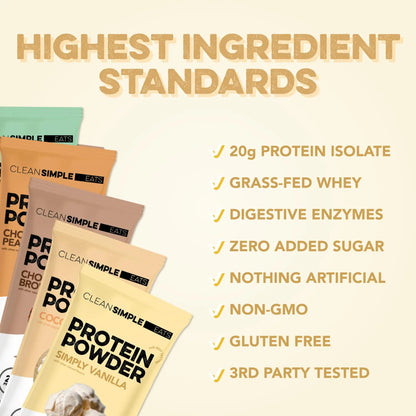 Clean Simple Eats Whey Protein Powder, Variety Pack, Naturally Sweetened Flavors, 100% Grass Fed Protein Powder with Digestive Enzymes & No Artificial Ingredients Clean Simple Eats