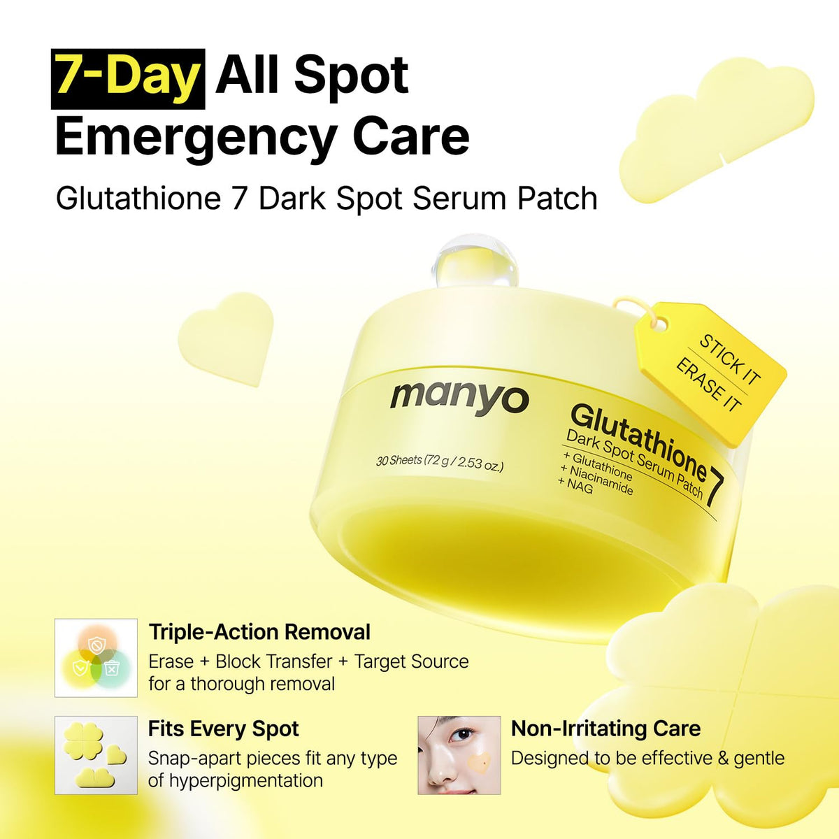 MANYO Glutathione 7 Dark Spot Serum Patch, for Uneven Skin Tone, 30 Count ma:nyo