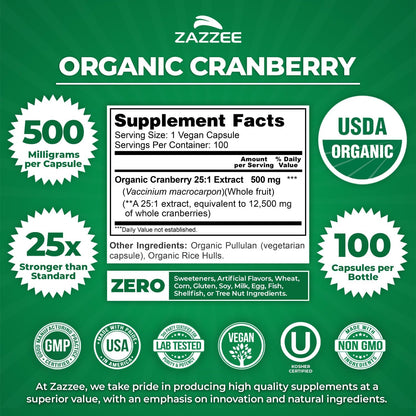 Zazzee USDA Organic Cranberry 25:1 Extract, 500mg per Capsule, 100 Capsules | Vegan, 3+ Month Supply, Certified Kosher, Vaccinium Macrocarpon, Non-GMO, Made in the USA Gsupps Australia