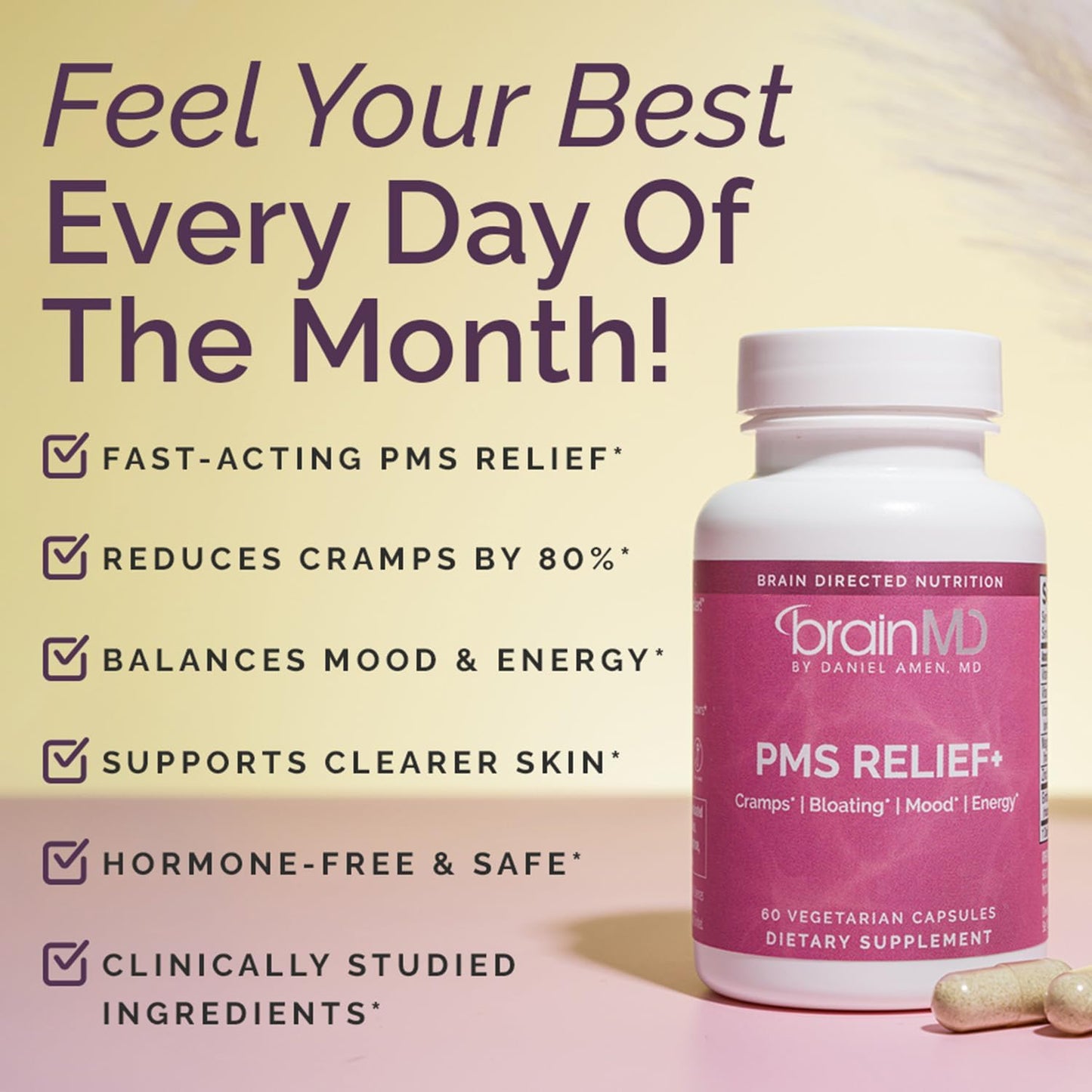 BRAINMD PMS Relief - 60 Capsules | Natural Support, Menstrual Comfort