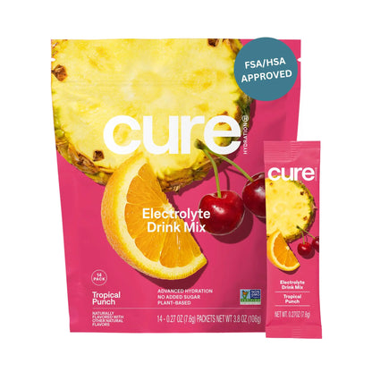 Cure Hydration | Plant-Based Electrolyte Drink Mix | No Added Sugar | FSA-HSA | Dehydration Relief Powder Made with Coconut Water | Non-GMO | Vegan | Pouch of 14 Packets - Tropical Punch Cure Hydration