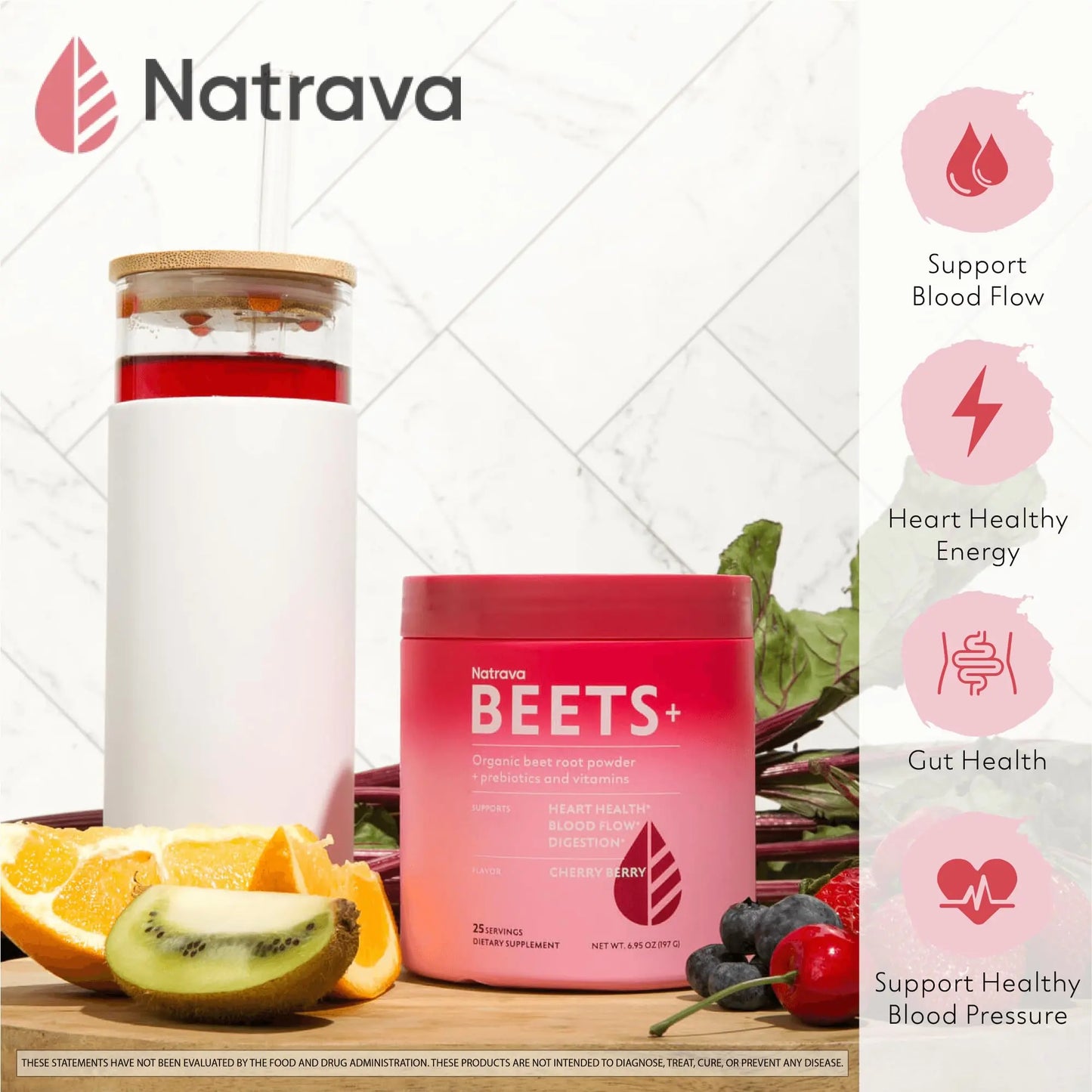 Natrava Beets+ Organic Beet Root Powder Blend Fortified with Vitamins & Prebiotics for Heart Healthy Energy & Nitric Oxide Production Natrava