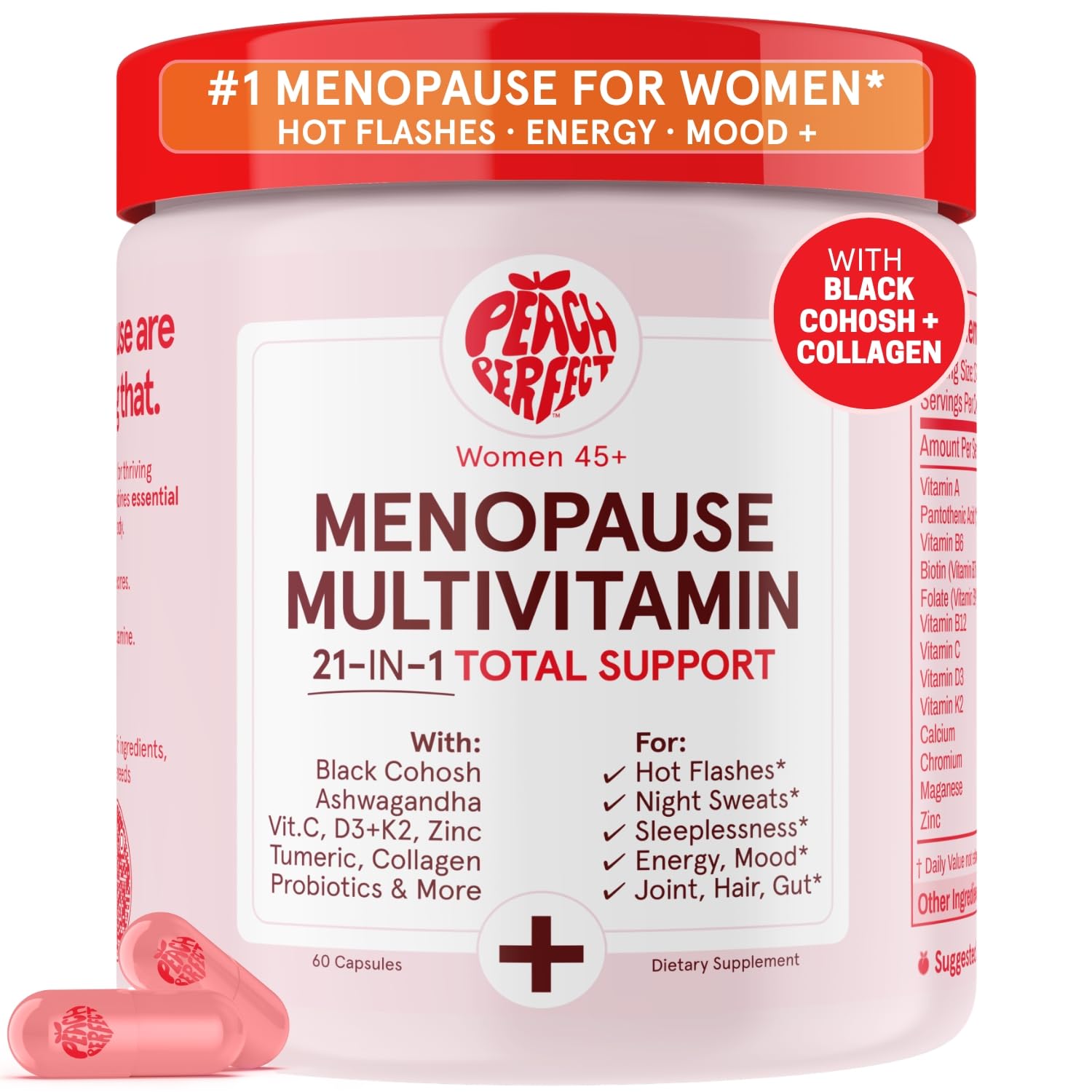 Peach Perfect Menopause Multivitamin | 21 Vitamins for Women 45+ | Black Cohosh, Ashwagandha, Vitamin D3+K2, Probiotics & Collagen | Support for Hot Flashes, Mood Swings, Joint & Skin Health | 30 SVG Peach Perfect buy australia supplements
