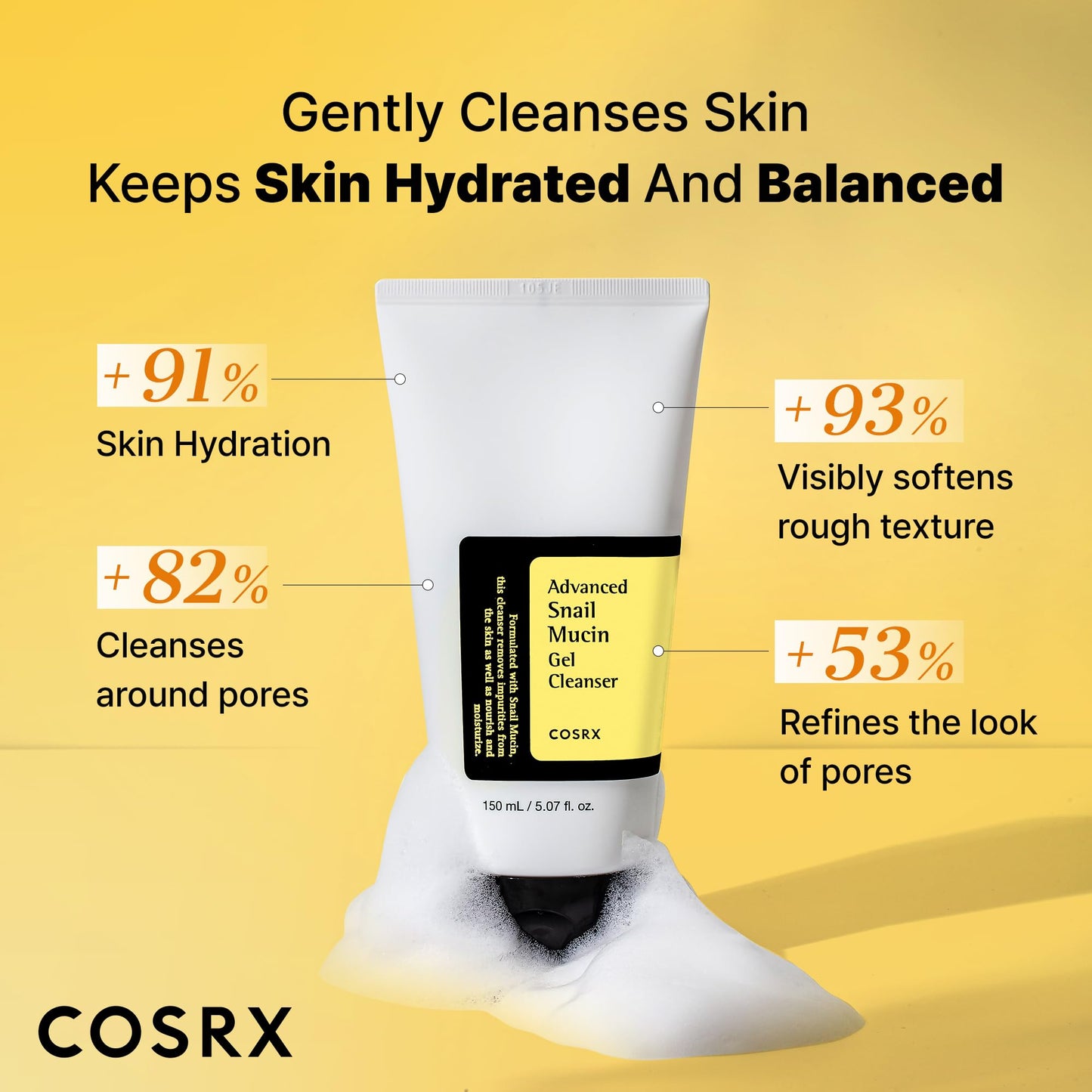 COSRX Advanced Snail Mucin Gel Cleanser, 5.07 Fl Oz / 150 mL, Rich Daily Deep Cleansing Gel for Dry & Sensitive Skin COSRX