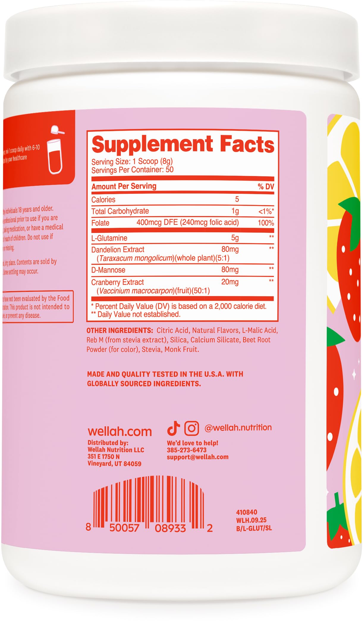 Wellah L-Glutamine Strawberry Lemonade Flavored (50 Servings) - 5g L-Glutamine Per Serving, Sweetened with Stevia Wellah buy australia supplements