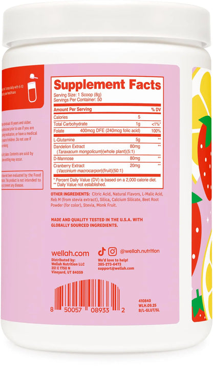 Wellah L-Glutamine Strawberry Lemonade Flavored (50 Servings) - 5g L-Glutamine Per Serving, Sweetened with Stevia Wellah