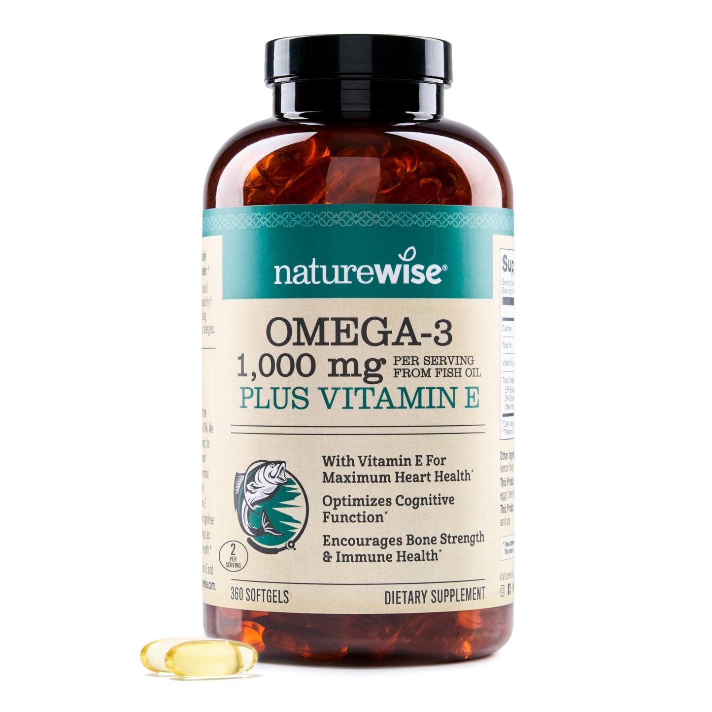 NatureWise Extra-Strength Omega 3 Fish Oil Supplement - 1000mg per Serving - 600 EPA & 400 DHA and Vitamin E - Support for Heart & Brain Health - Lemon Flavor NatureWise