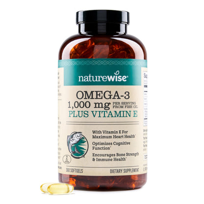 NatureWise Extra-Strength Omega 3 Fish Oil Supplement - 1000mg per Serving - 600 EPA & 400 DHA and Vitamin E - Support for Heart & Brain Health - Lemon Flavor NatureWise