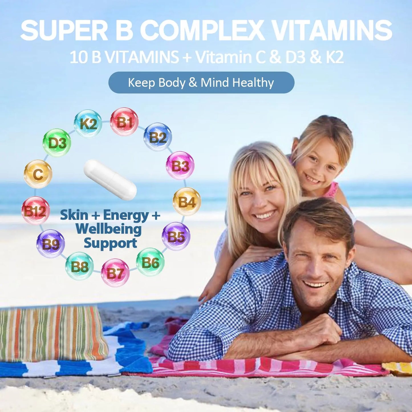 13-in-1 Vitamin B Complex Plus with Vitamin B1, B2, B3 (Niacinamide), B4, B5, B6, B7 (Biotin), B8 (Inositol), B9 (Folate), B12, C, D3, K2 - Energy, Nerve, Totaria