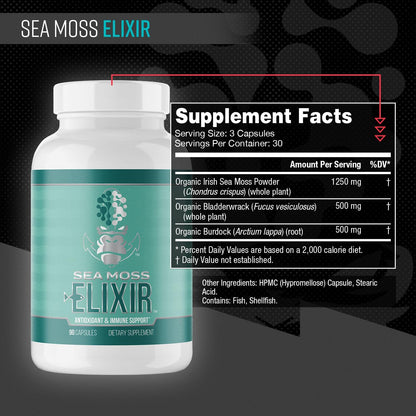 Gorilla Mind Sea Moss Elixir Capsules | Antioxidant Immune Support with Marine Macroalgae & Botanicals | Promotes Basal Metabolic Rate, Joint Comfort, and Cellular Health | 90ct Dietary Supplement