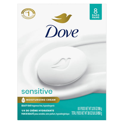 Dove Beauty Bar Soap Sensitive, 8 Bars for Sensitive Skin, Fragrance Free and Hypoallergenic 3.75 oz Dove
