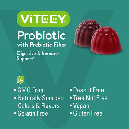 Viteey Probiotic Gummies with Prebiotics – Gut Health Supplements for Digestive Health – 2 Billion CFUs – Vegan, Gluten-Free – 60 Count Viteey