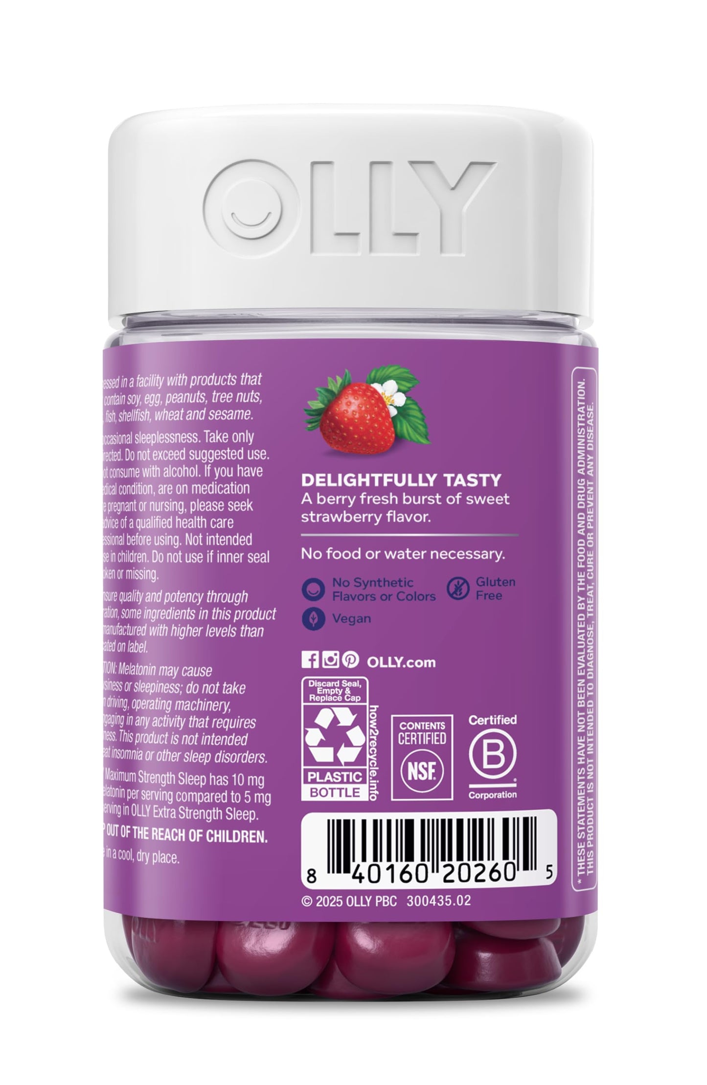 OLLY Max Strength Sleep Gummy, 10mg Melatonin, L-Theanine, Chamomile, Lemon Balm, Sugar Free, Vegetarian Sleep Aid, Strawberry - 70 Count OLLY