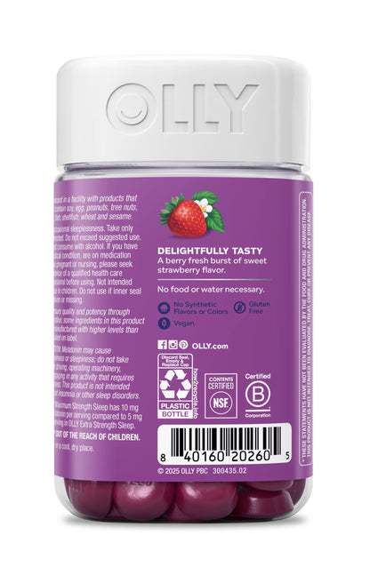 OLLY Max Strength Sleep Gummy, 10mg Melatonin, L-Theanine, Chamomile, Lemon Balm, Sugar Free, Vegetarian Sleep Aid, Strawberry - 70 Count OLLY