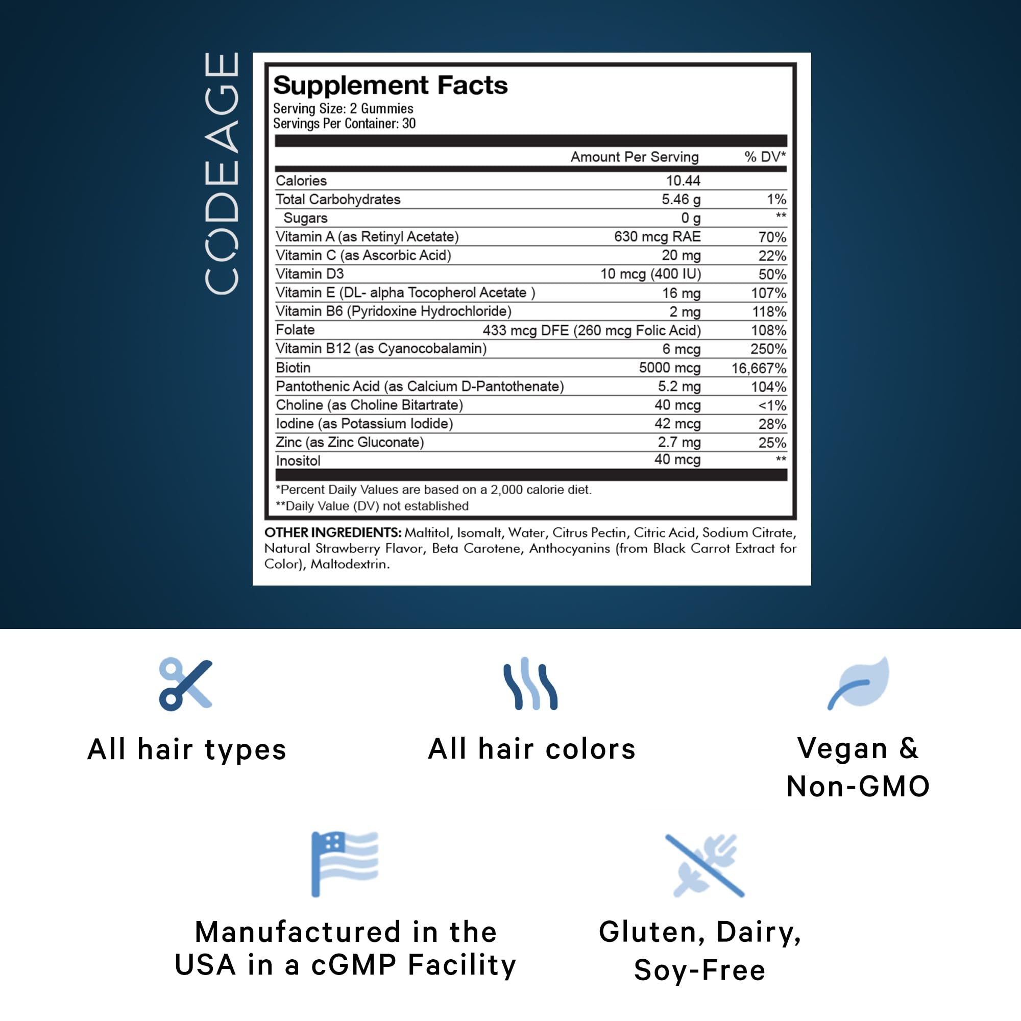 Codeage Hair Gummies, Biotin 5000 mcg, Sugar Free Growth Gummy Vitamins A, C, B6, B12, D3, Zinc, Inositol Supplement Codeage buy australia supplements