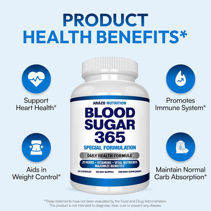 Arazo Nutrition Blood Sugar 365 Supplement – Supports Healthy Energy Levels - 120 Herbal Pills - 60 Day Supply Gsupps Australia