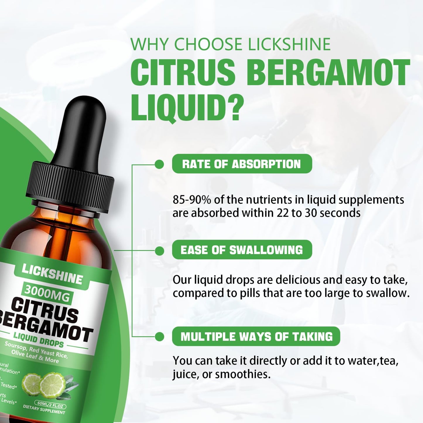 lickshine 2 Pack 3000mg Citrus Bergamot Liquid Drops - High Absorption - Cholesterol Lowering Supplement for Immune Support Anti-Aging, lickshine