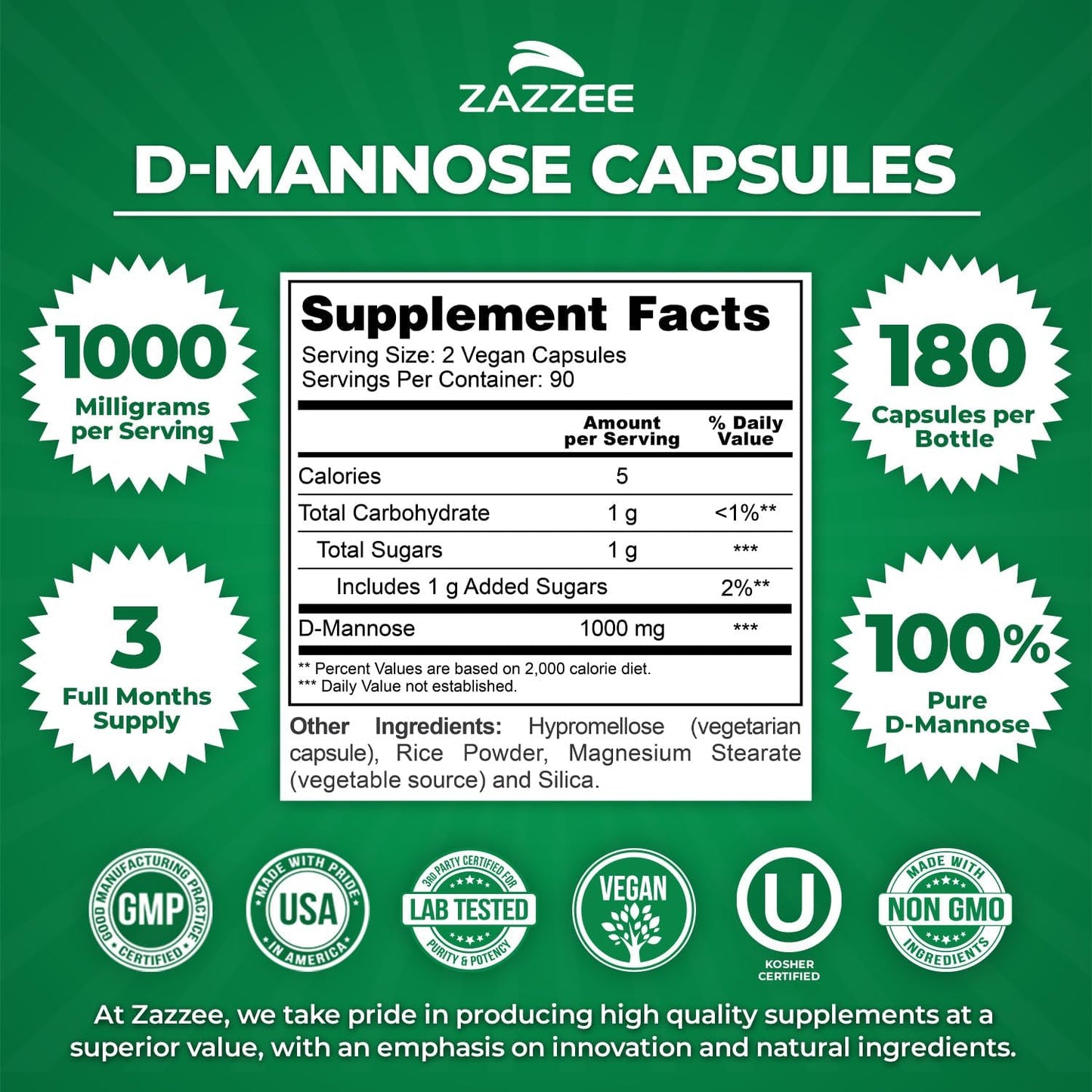 Zazzee D-Mannose, 1000 mg per Serving, 180 Vegan Capsules, 3 Month Supply | Potent & Fast-Acting, Certified Kosher, 100% Pure, All-Natural Urinary Tract Health Support, 100% Vegetarian, Non-GMO Gsupps Australia