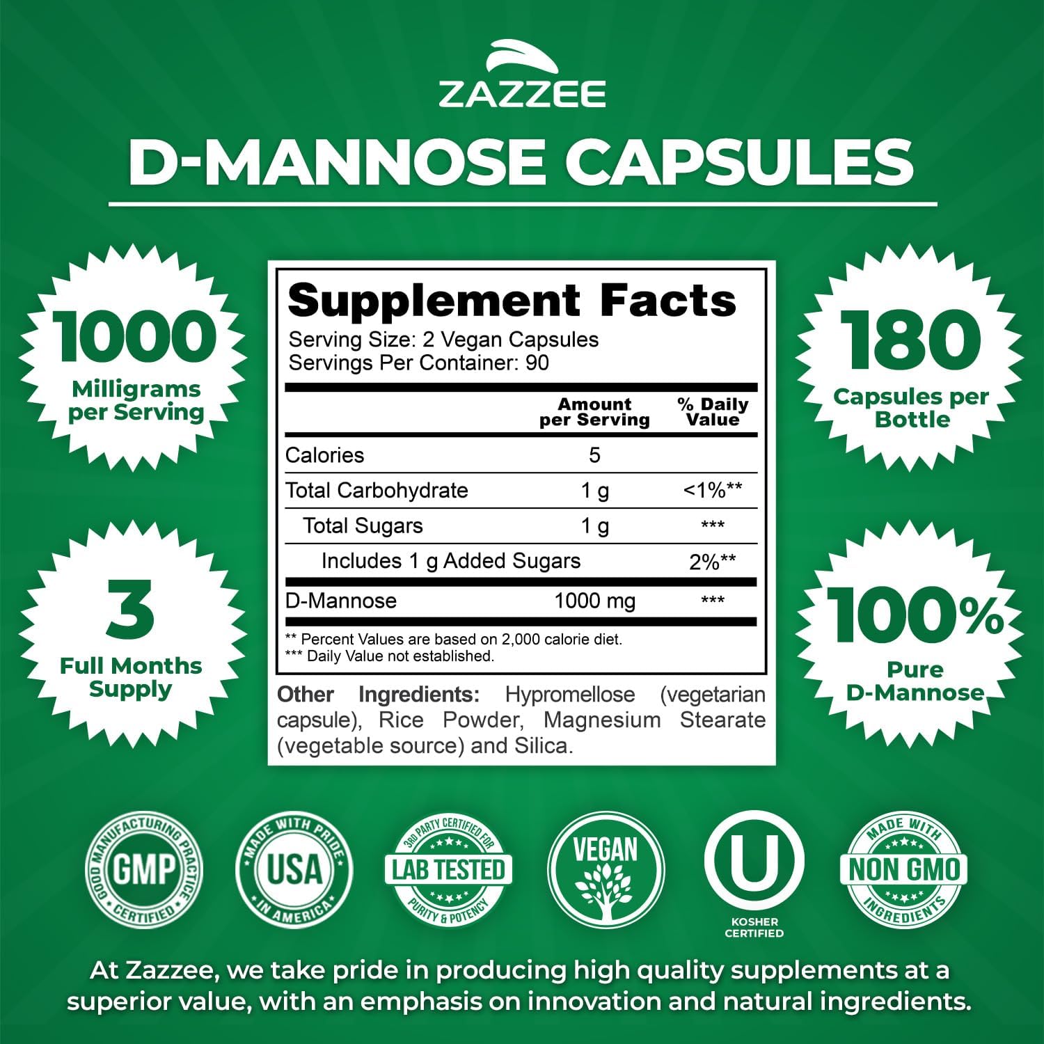 Zazzee D-Mannose, 1000 mg per Serving, 180 Vegan Capsules, 3 Month Supply | Potent & Fast-Acting, Certified Kosher, 100% Pure, All-Natural Urinary Tract Health Support, 100% Vegetarian, Non-GMO Gsupps Australia