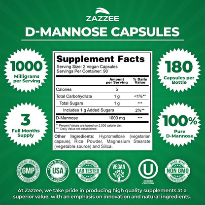Zazzee D-Mannose, 1000 mg per Serving, 180 Vegan Capsules, 3 Month Supply | Potent & Fast-Acting, Certified Kosher, 100% Pure, All-Natural Urinary Tract Health Support, 100% Vegetarian, Non-GMO Gsupps Australia