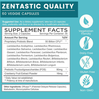 Zentastic Probiotics & Prebiotics Supplement - 50 Billion CFU - for Men & Women’s Immune & Digestive Health - 16 Strains - Shelf Stable - 180 Delayed Release Veggie Capsules Zentastic
