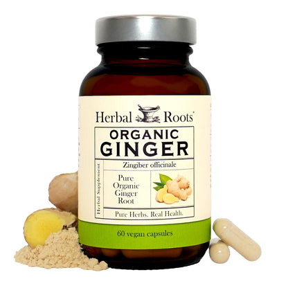 Herbal Roots Ginger Supplement | Organic Ginger Root Capsules | 1,200 mg of Pure Ginger Powder per Serving | 60 Vegan Capsules Herbal Roots