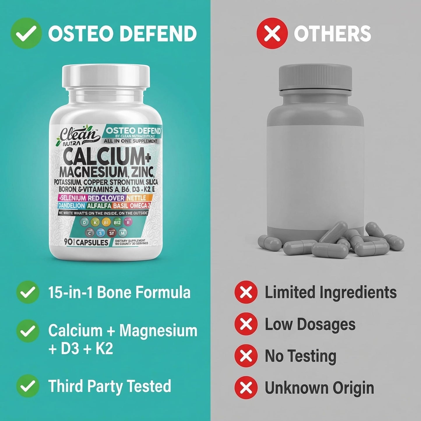 Allin1 Calcium Magnesium Zinc Supplement with Potassium, Copper, Strontium, Silica, Vitamin D3 K2, Boron, Vitamin B1 B12 Red Clover Herb Alfalfa Basil Pills for Men Clean Nutraceuticals