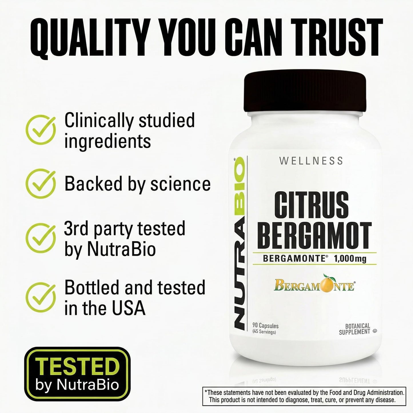 NutraBio Citrus Bergamot Bergamonte Extract Supplement, 1,000mg - May Help Promote Cardiovascular Health and Wellness, 90 Capsules NutraBio