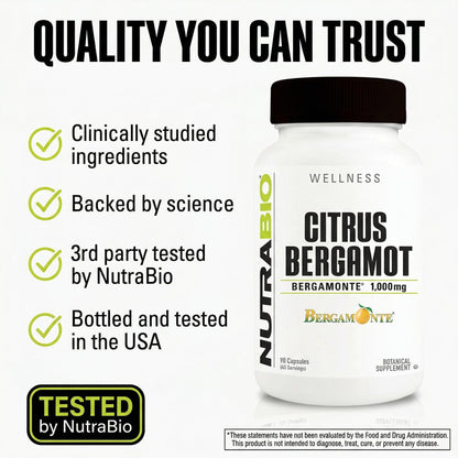NutraBio Citrus Bergamot Bergamonte Extract Supplement, 1,000mg - May Help Promote Cardiovascular Health and Wellness, 90 Capsules NutraBio