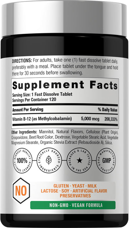 Horbäach B12 Vitamin 5000 mcg | 120 Fast Dissolve Tablets | Sublingual Methylcobalamin | Natural Berry Flavor | Vegan, Non-GMO Horbäach