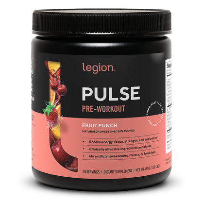 LEGION Pulse Pre Workout Supplement - All Natural Nitric Oxide Preworkout Drink to Boost Energy, Creatine Free, Naturally Sweetened, Beta Alanine, Citrulline, Alpha GPC (Fruit Punch)