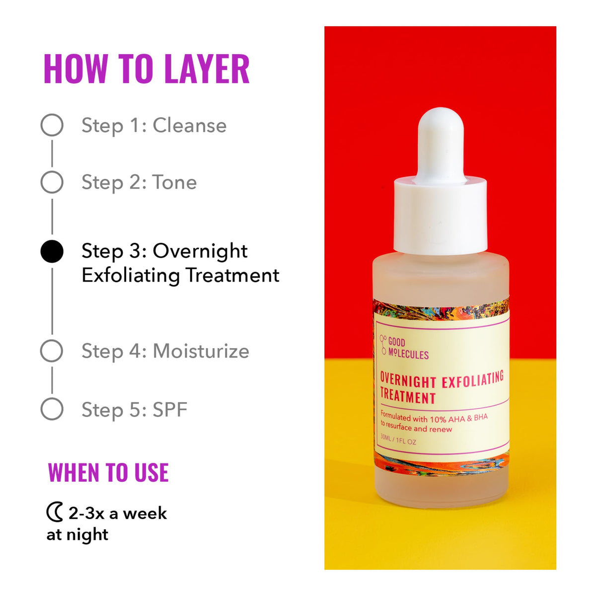 Good Molecules Overnight Exfoliating Treatment, AHA BHA Exfoliant, 1 fl oz Good Molecules