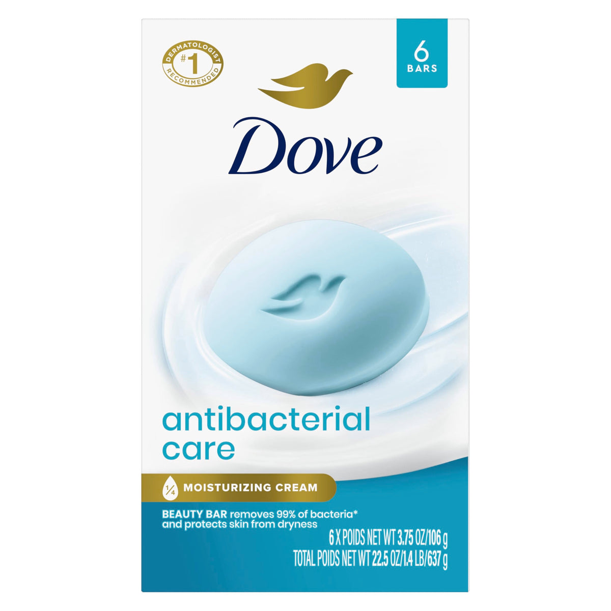 Dove Antibacterial Care Beauty Bar Soap , Cleanser, I 6 Count 3.75 oz Dove