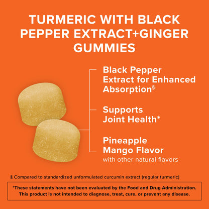 Qunol Turmeric and Ginger with Black Pepper Gummies, Turmeric Curcumin Supplement, Joint Health Support Gummy, 90ct Gummies Qunol