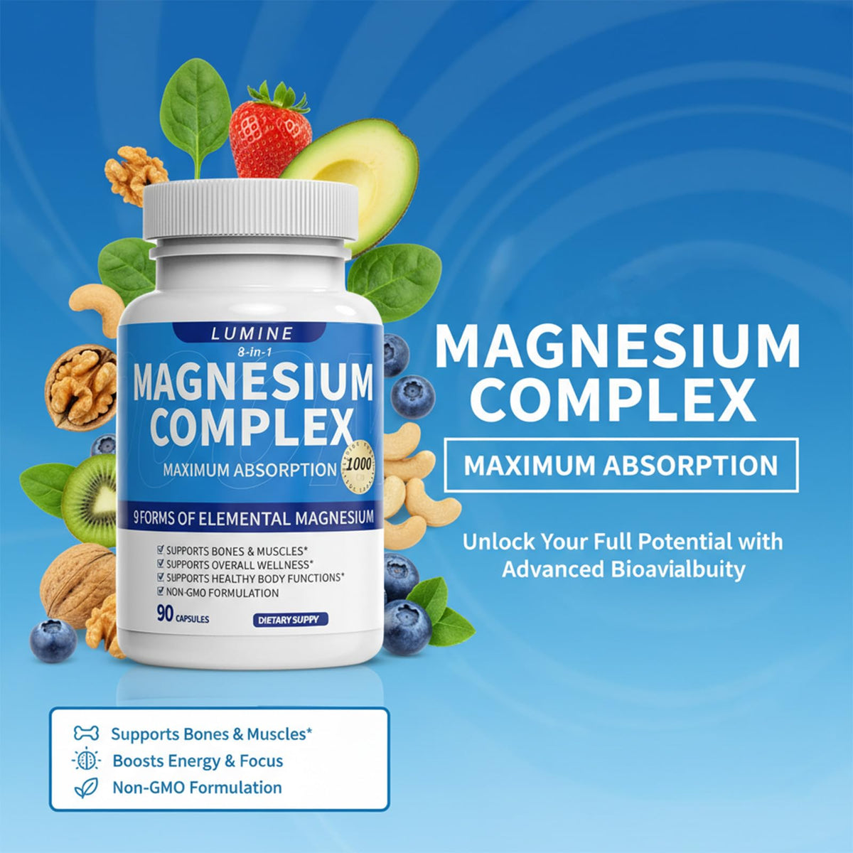 Lumine Magnesium Complex Supplement - Advanced 8-in-1 Elemental 1000mg- Glycinate, Citrate, Malate, Taurate LUMINE