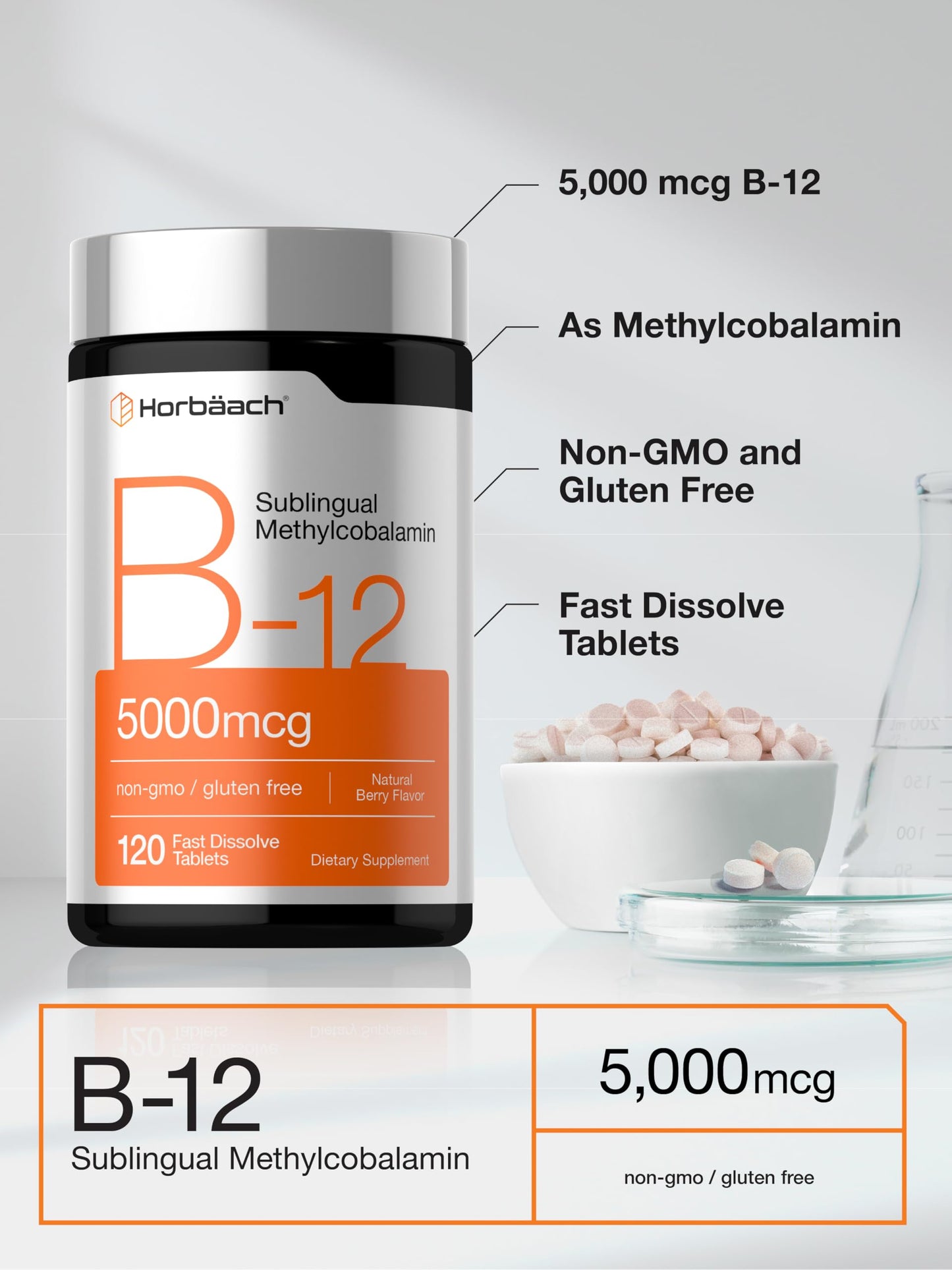 Horbäach B12 Vitamin 5000 mcg | 120 Fast Dissolve Tablets | Sublingual Methylcobalamin | Natural Berry Flavor | Vegan, Non-GMO Horbäach